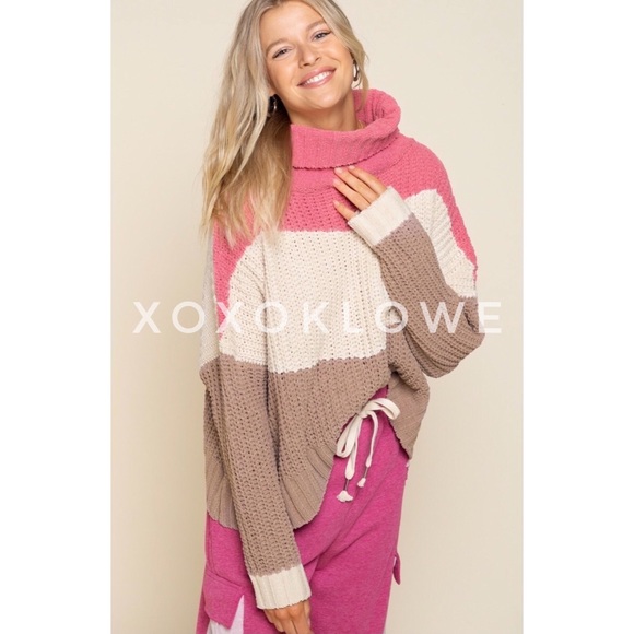 POL PLUS Pink 3 Tone Color Block Sweater Turtleneck Oversize Fit - Picture 11 of 14